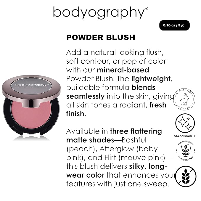 Bodyography Pressed Blush | Silky, Buildable Powder Formula for Cheeks | Rich Pigment with Long-Wearing Finish | Paraben, Gluten, Talc, Fragrance, Cruelty-Free & Vegan | After Glow - Baby Pink