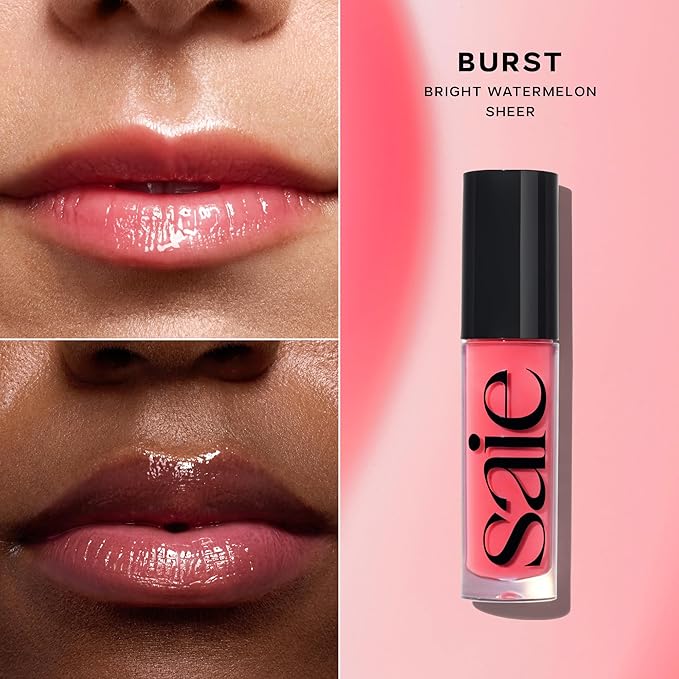 Saie Dewy Glow Duo - Dew Liquid Blush - (.40 oz, Flirty), Glossybounce Lip Gloss-Oil Hybrid (.17 oz, Burst) - Hydrating, Vegan Makeup for Radiant Cheeks & Lips