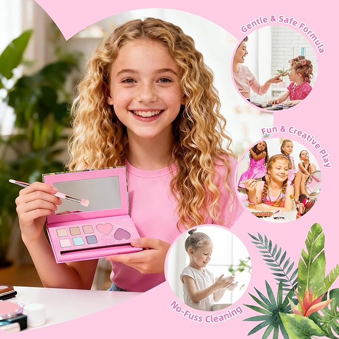 Color Nymph Girls Eye & Cheek Makeup Palette Kit - Eyeshadow & Blush & Highlighter Palette for Teens Girls Tweens, Beginner-Friendly, Gentle Makeup Kits for Starter, Makeup Gift for Birthday (Pink)