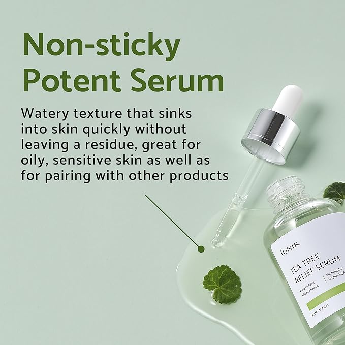IUNIK Tea Tree Relief Vegan Serum for Acne-Prone Skin - Non-Sticky & Lightweight Facial Ampoule with Centella Asiatica for Soothing, Calming, and Balancing - Korean Skincare
