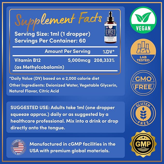 2-PACK Vegan Vitamin B12 Liquid - Max Strength Methylcobalamin B12 Sublingual 5000 mcg - Fast Absorbing Supplement for Mood, Memory and Energy - Non-GMO, Gluten-Free, Citrus Flavor B 12 Drops, 4oz