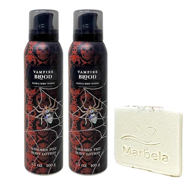 Bath & Body Works Vampire Blood 2 Pack Shimmer Fizz Body Lotion Set with a Natural Oats Sample Soap