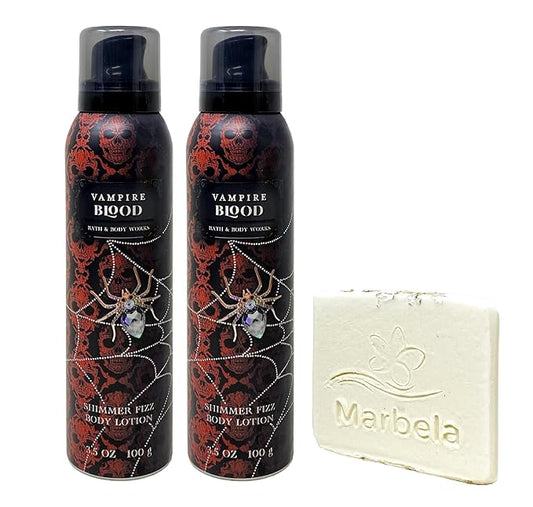 Bath & Body Works Vampire Blood 2 Pack Shimmer Fizz Body Lotion Set with a Natural Oats Sample Soap