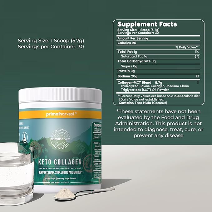 Primal Harvest Keto Collagen Powder with MCT Oil Hydrolyzed Collagen Peptides 10 oz Unflavored Paleo & Keto Friendly Protein Supplement