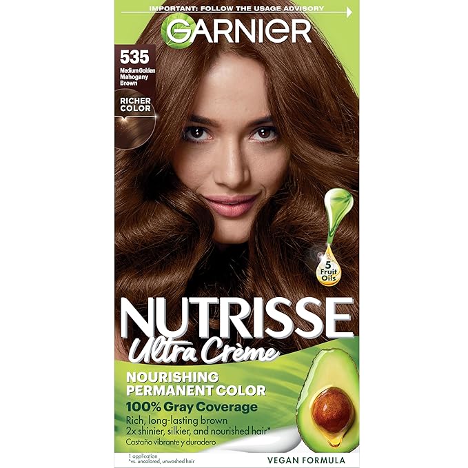 Garnier Nutrisse Ultra Crème Hair Color, Permanent Hair Dye with 100% Gray Coverage, Vegan & Cruelty-Free, 535 Medium Gold Mahogany Brown (Chocolate Caramel), 1 Count