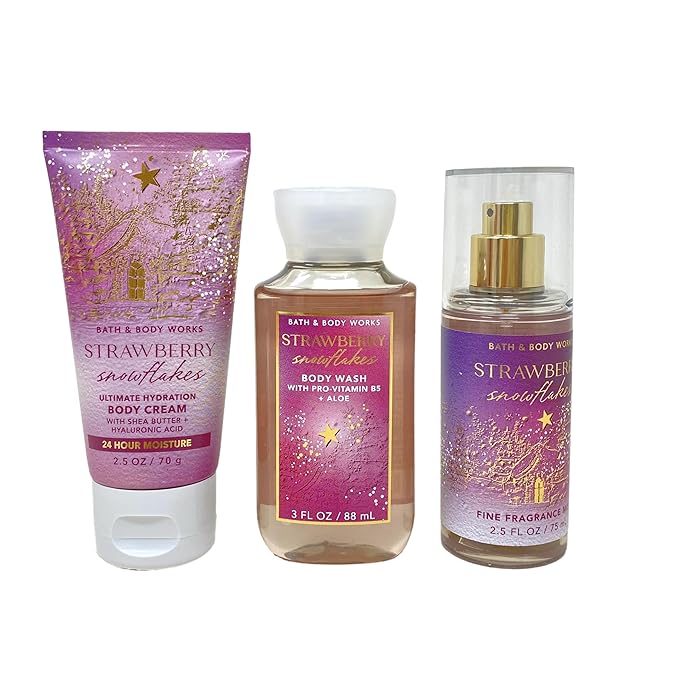 Bath & Body Works Strawberry Snowflakes Mini Gift Box Trio - Fragrance Mist - Body Cream and Body Wash with a Himalayan Salts Springs Sample Soap - Travel Size