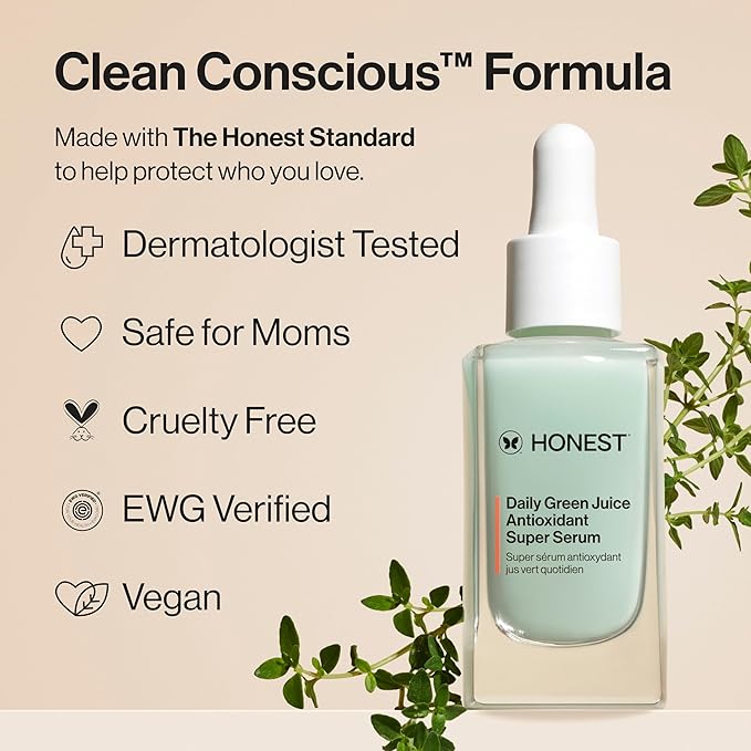 Honest Beauty Daily Green Juice Antioxidant Super Serum, Improves Skin Tone Texture, Gentle for Sensitive Skin, Fragrance-Free Vegan, 1 fl oz