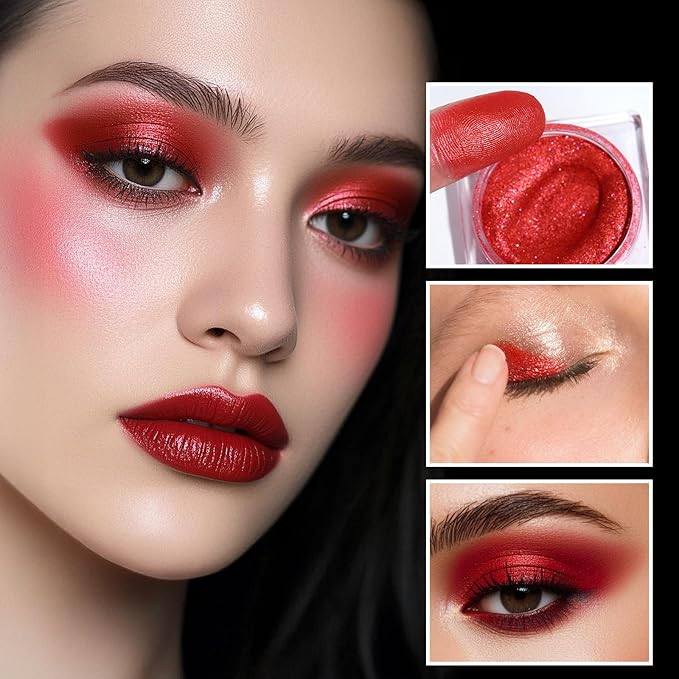 DE'LANCI Single Red Eyeshadow Shimmery, High Pigment Red Glitter Eyeshadow Makeup Cream Eye Shade Intense Color, Waterproof Moisturizing red Eye shadow Shimmer for Women, Cruelty-Free & Vegan, 02#