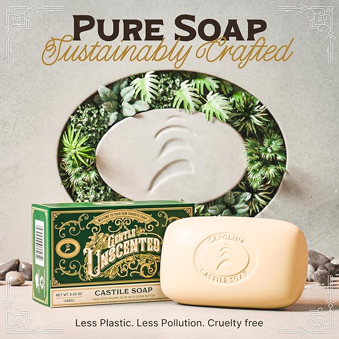 Castile Unscented Bar Soap – 1 Natural Soap Bars for Men, Women, and Kids – EWG Verified with raw Organic Cocoa Butter and Olive Oil by Carolina Castile, 5 oz Each