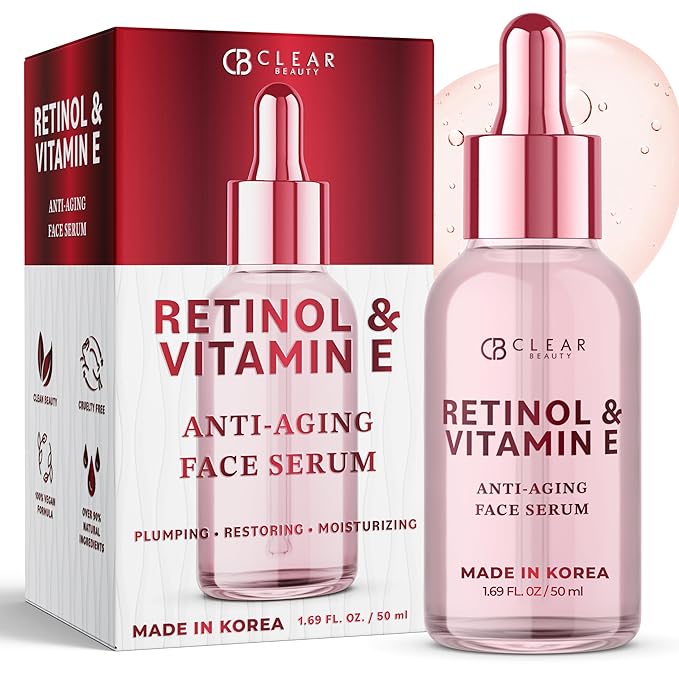 Clear Beauty Retinol Serum For Face with Vitamin E – Dermatologist Tested Anti Aging Korean Skin Care –, Deep Hydration, Smooths Fine Lines, Refines Texture – Vegan, Clean Beauty – 1.69 Fl Oz