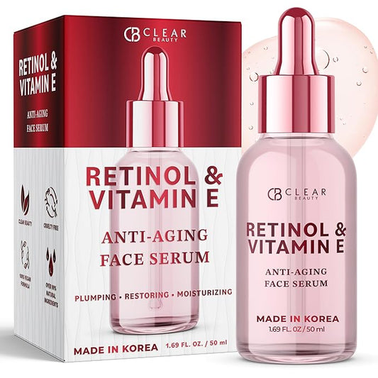 Clear Beauty Retinol Serum For Face with Vitamin E – Dermatologist Tested Anti Aging Korean Skin Care –, Deep Hydration, Smooths Fine Lines, Refines Texture – Vegan, Clean Beauty – 1.69 Fl Oz
