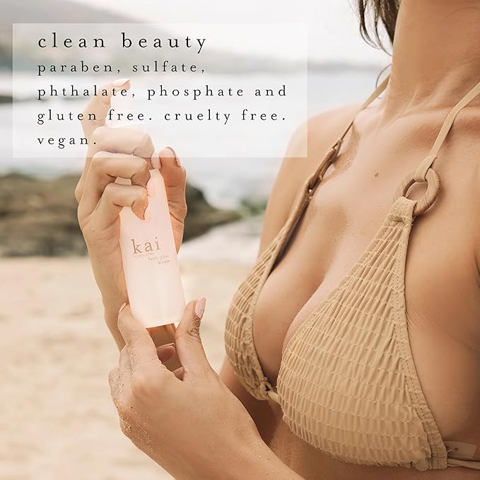 kai body glow rose, 4 Fl Oz, dry body oil with jojoba, chamomile, cucumber extracts, moisturizes and leaves a radiant glow with a fresh + clean fragrance, layered with rose absolute, made in the usa