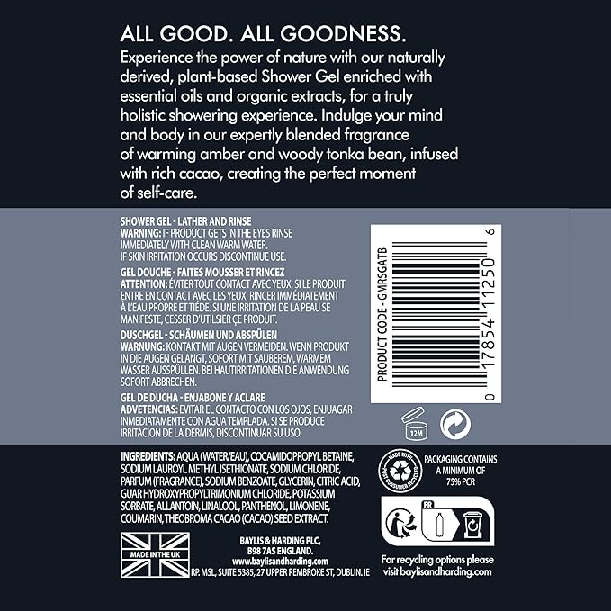 Baylis & Harding Goodness Men's Amber & Tonka Bean Natural Body Wash, 16.9 fl. oz (Pack of 3) - Biodegradable Formula - Vegan Friendly