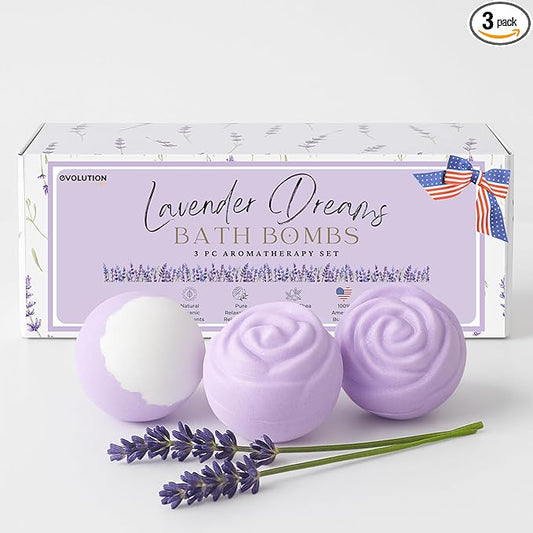 EvolutionUSA Lavender Dreams Bath Bombs for Women – 3 Organic Flower Bath Bombs, Soft Lavender Bath Fizzers, Womens Bath Gift Valentines or Easter, Lush Bath for Girls, Mothers Day Bathbombs