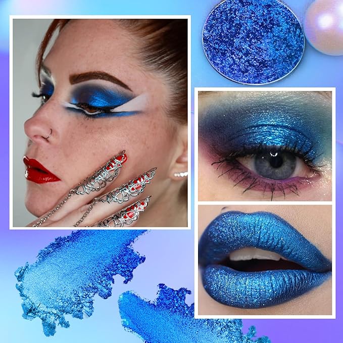 Blue Glitter Eyeshadow, Highly Pigmented Bright Sparkly Eye Makeup, Long Lasting Holographic Royal Blue Shimmer Chrome Eye Shadow Palette Single for Brown Eyes, Vegan Cruelty & Talc Free (Royal #6E)