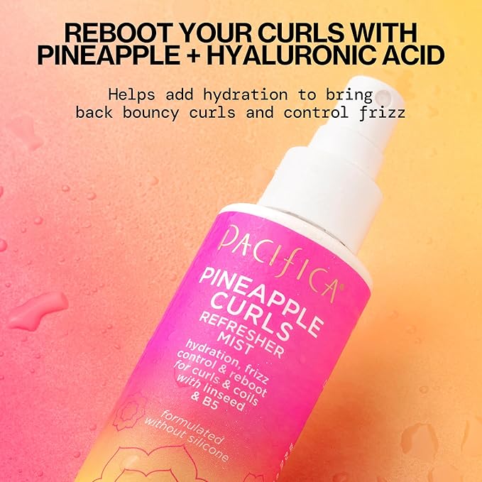 Pacifica Pineapple Curls Refresher Mist-Curl Refresher Spray, with Hyaluronic Acid, Vitamin B5 & Plant Oils, Vegan & Dermatologist Tested Curly Hair Products and Wavy Hair Products-4 Fl Oz(Pack of 2)