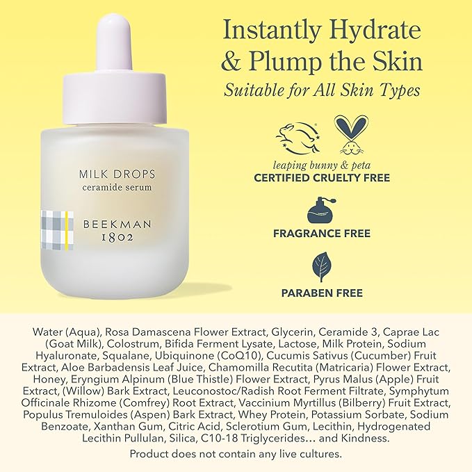 Beekman 1802 Milk Drops Ceramide Facial Serum – Hydrating Barrier Serum with Goat Milk, Ceramides, Squalane & Hyaluronic Acid – Lightweight, Non-Greasy – Fragrance Free – For Oily & Acne-Prone Skin