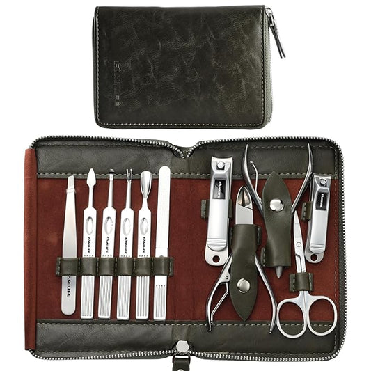 FAMILIFE Manicure Set, Professional Manicure Kit Nail Clippers Set 11 in 1 Stainless Steel Nail Pedicure Tools Kit Grooming Tool with Portable Green Leather Travel Case Luxury Gifts for Women and Men