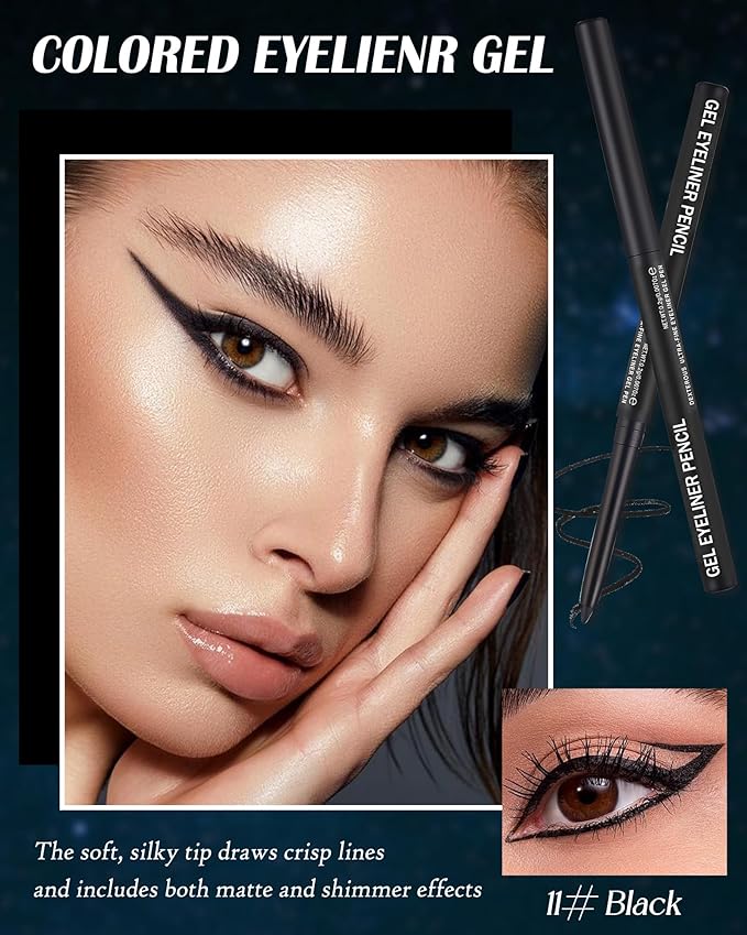 Black Matte Gel Eyeliner Pencil Waterproof, Metallic Retractable Cream Smooth Eye Liner Pencils, Long Lasting Waterline Hypoallergenic Eyeliner Pen, Highly Pigmented Smudge-Proof Makeup for Women-11