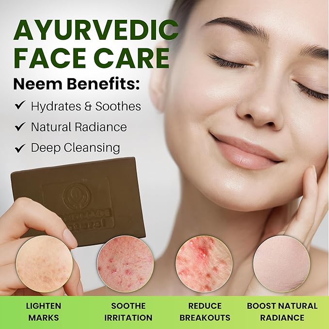 Neem Face, Body Bar Soap 4.5 oz | Ayurvedic Exfoliating, Cleansing Bar with Coconut Oil, Castor Oil | Gentle Bath Soaps for Face Wash, Body Wash | Soft Soap for Daily Use, All Skin Types