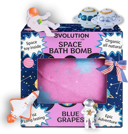 EvolutionUSA 1pc Space Bath Bomb for Boys & Girls, Planet Bath Ball with Toy Hidden Inside, Organic Hypoallerganic Childrens Bathbomb, Cosmic Fun Space Surprise, Gift Set Birthday, Valentines, Easter