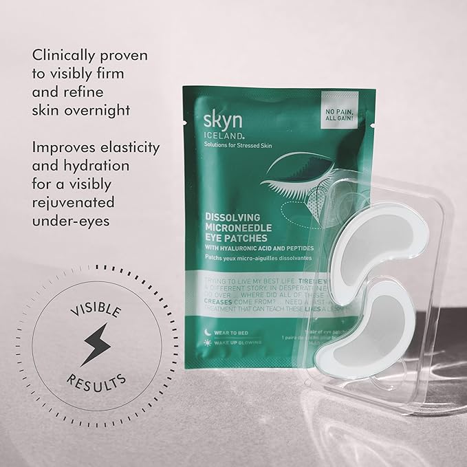 skyn ICELAND Dissolving Microneedle Under-Eye Patches — 39% Hyaluronic Acid & Peptides, No-Slip Overnight Eye Mask, Vegan, All Skin Types, 3 Pairs