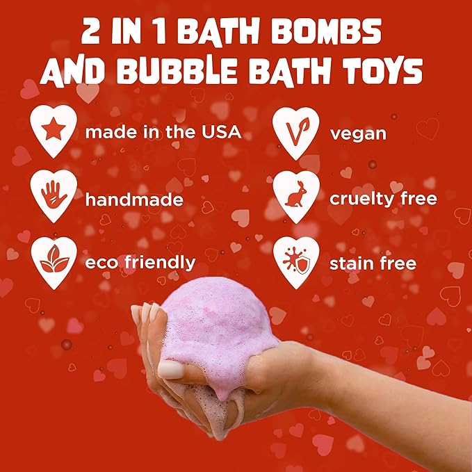 Valentines Bath Bombs for Kids with Surprise Heart Toys Inside (6 Pack) - Valentines Day Gifts for Kids & Women, Bubble Bath, USA Made, Kids-Safe Ingredients, Fruity Scents by Two Sisters