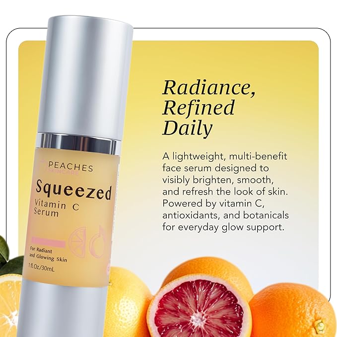 Peaches Skin Care Squeezed Vitamin C Serum with Kakadu Plum, Gold and CoQ10 – Lightweight Hydrating Formula for Radiant-Looking Complexion – Vegan Skincare for Women, 1 fl oz