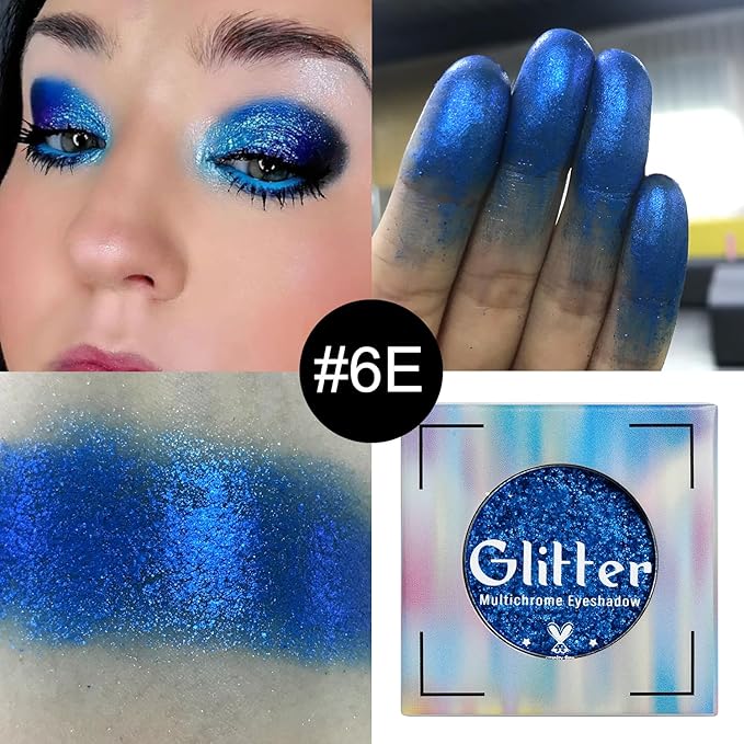 Blue Glitter Eyeshadow, Highly Pigmented Bright Sparkly Eye Makeup, Long Lasting Holographic Royal Blue Shimmer Chrome Eye Shadow Palette Single for Brown Eyes, Vegan Cruelty & Talc Free (Royal #6E)