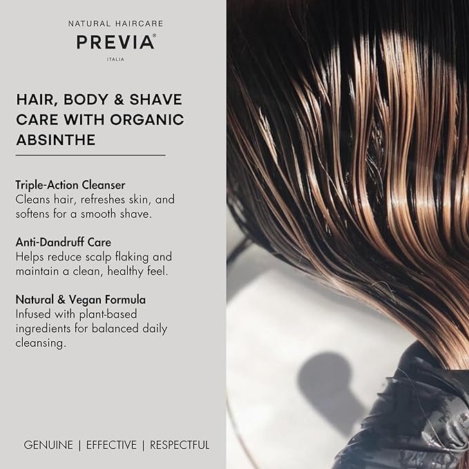PREVIA Man Wash 3-in-1 Cleanser Hair Shampoo Anti Dandruff Body Wash & Shaving Conditioner Vegan Formula with Organic Absinthe Extract for All Hair Types 8.45 oz
