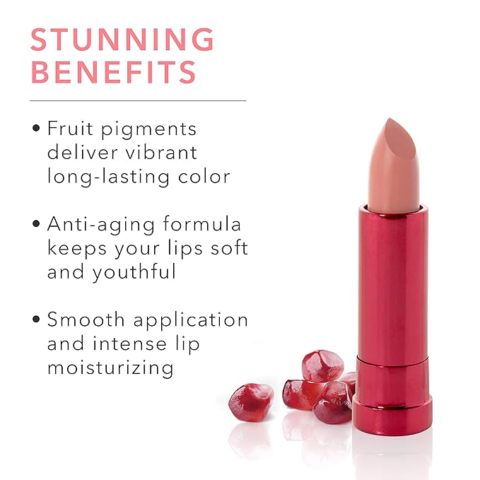 100% PURE Pomegranate Oil Anti-Aging Lipstick Long Lasting, Vibrant Makeup - Moisturizing Cocoa Butter Satin Finish - Vegan Fruit Pigmented Peony Color (Pale Pink) - 0.15 oz