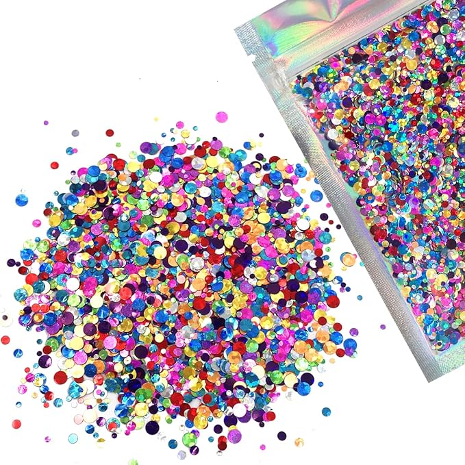 Metallic Rainbow Circles - Face & Body Glitter - Cosmetic Grade Chunky Glitter - Uses Include: Festival Rave Makeup Face Body Nails Resin Arts & Crafts, Resin, Tumblers, Bath Bombs - Solvent Resistant