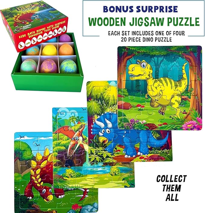 Bath Bombs for Kids with Surprise Toys Inside Plus Dinosaur Puzzle - Set of 9 Organic Dino Egg Bath Bombs with Rich Bubbles, Easter Basket Essentials