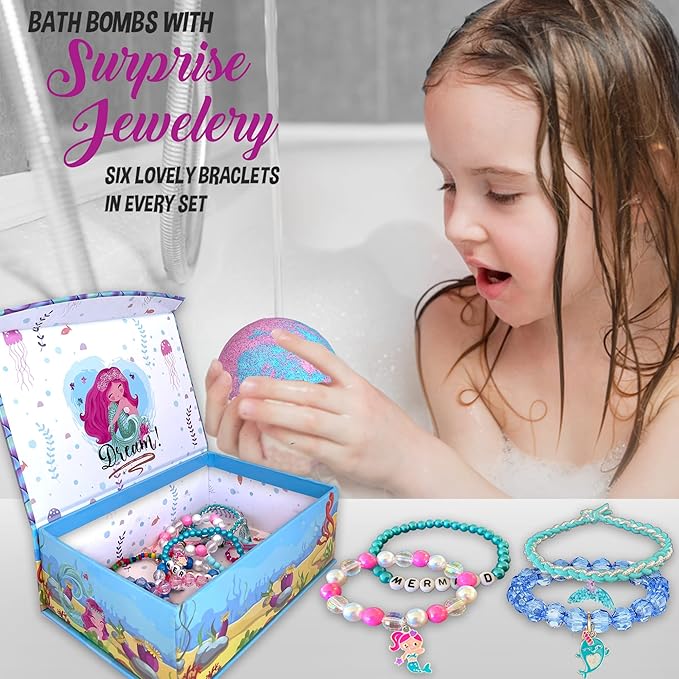 Bath Bombs for Kids w/Surprise Inside, Mermaid Bath Bombs for Girls with Jewelry & Jewelry Box for Kids Organic, Skin Moisturizing, Natural Bubble Birthday Gift Easter Basket Essentials for Boy Girls