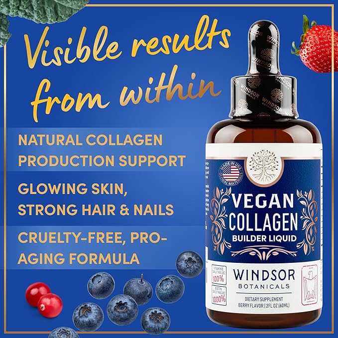 WINDSOR BOTANICALS Vegan Collagen Builder Liquid Supplement - Collagen Booster with Vitamin C, Biotin, Hyaluronic Acid & Amino Acids - Organic Fruit & Vegetable Blend - 120ml, 60 Day