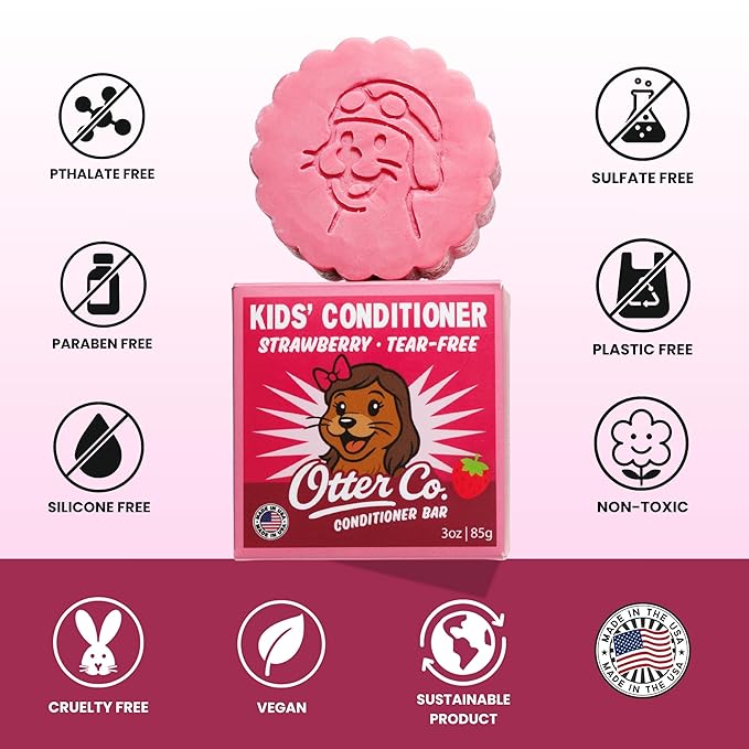Otter co. Kids Strawberry Conditioner Bar – Tear Free Toddler Bar Conditioner – Sulfate Free & Non Toxic – Organic Ingredients, Vegan, Cruelty Free, Natural, Hydrating & Moisturizing, USA Made