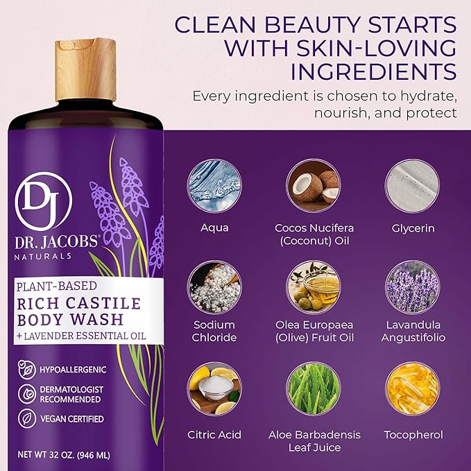 Dr. Jacobs Naturals Pure Castile Soap Liquid Body Wash, Lavender - Plant Based Soap Infused with Vitamin E and Aloe Vera to Moisturize Dry and Sensitive Skin - Made in the USA - 16 oz, Pack of 2