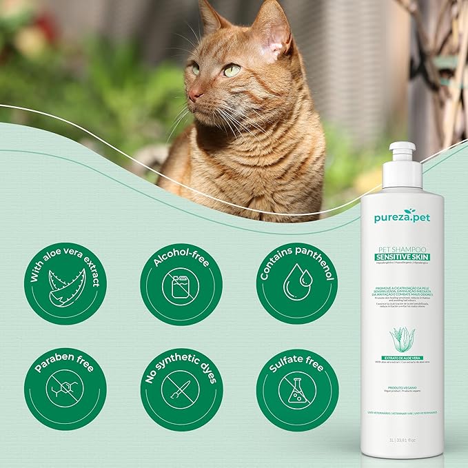 Hypoallergenic Professional Shampoo for Sensitive Skin for Pets - Fur Cleanse & Nourishment, All Ages Pet Grooming Products, Horse, Cat Dog Bath Supplies - VEGAN, Paraben-Free - 33.8fl oz - PUREZA PET