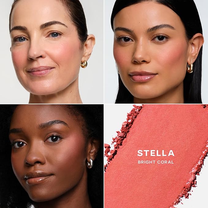 Saie SuperSuede Baked Blush - Talc-Free Powder Blush for Cheeks Infused with Hyaluronic Acid, Glycerin + Squalane - Hydrating Face Makeup for a Natural, Diffused Flush of Color - Stella (0.1 Ounce)