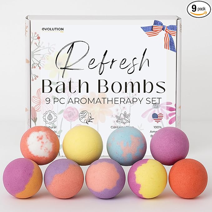 EvolutionUSA Refresh Bath Bombs for Women – 9 Lush Bath Bombs Mini Sized, Lush Womens Gift for Mother’s Day, Easter, Valentines, Birthday or Self Care, Organic Bathbombs Kids & Women, Bath Fun