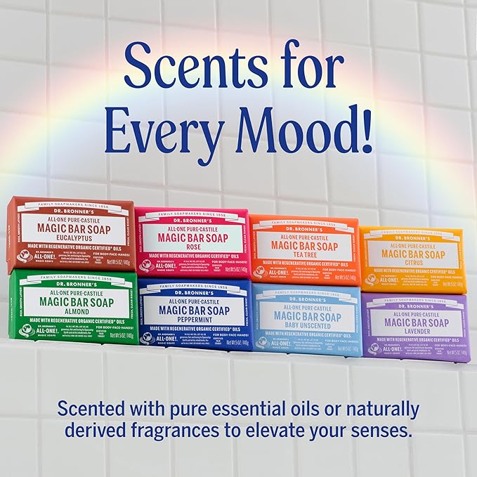 Dr. Bronner's Pure-Castile Magic Bar Soaps (5 Ounce Variety Gift Pack) Almond, Unscented, Lavender, Peppermint, Citrus, Rose - Made with Regenerative Organic Certified Oils, Vegan, Non-GMO
