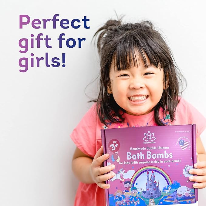 Organic Unicorn Bath Bombs for Girls with Surprise Toys Inside for Kids | Cute Unicorn Ring, Keychain, Necklace, Toys and Bonus Unicorn Purse - Christmas Gift Set Bath Balls with Unicorn Toys Inside