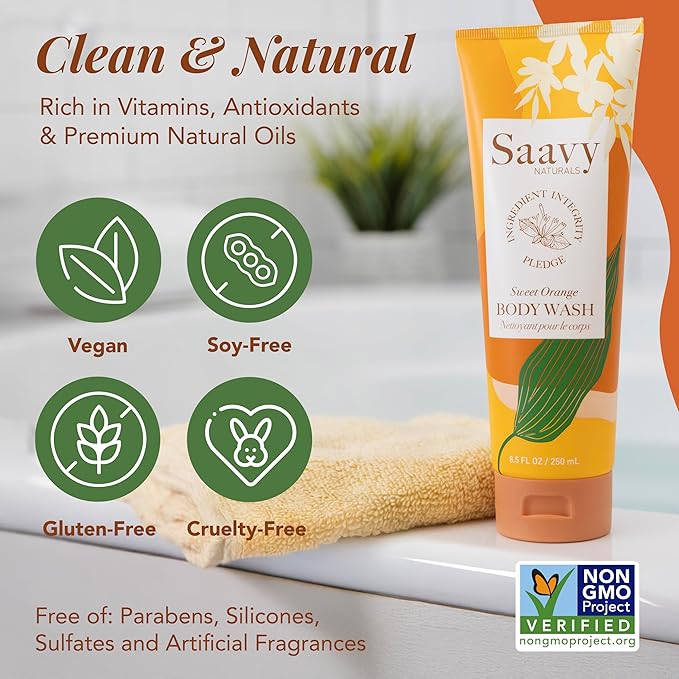 Saavy Naturals Moisturizing Body Wash for Sensitive Skin – Plant-Based & Pure with Coconut Oil, Shea Butter & Aloe Vera – Paraben-Free, Cruelty-Free – Sweet Orange – 8.5 fl oz, 1 pack