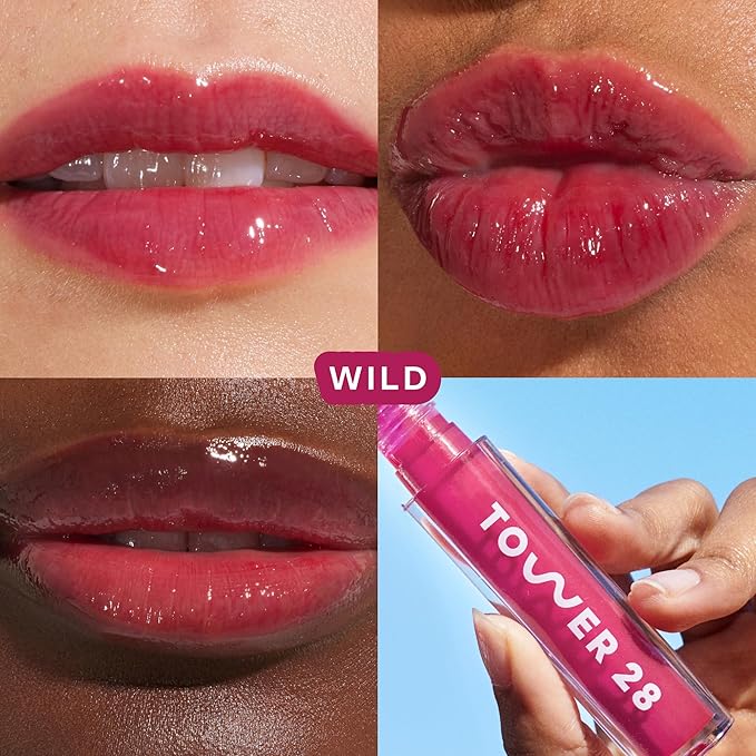 Tower 28 ShineOn Lip Gloss Jelly - Hydrating Tinted Lip Balm + Gloss for Sensitive Lips - Non-Sticky + High-Shine Jelly Formula with Nourishing Oil Blend - Wild - Lightly Sheer Raspberry (0.13)