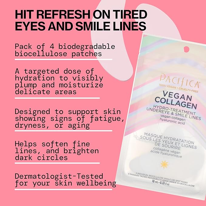 Pacifica Undereye & Smile Mask Set – Vegan Collagen Hydro Treatment with Hyaluronic Acid, Hydrating for Dark Circles, Dry & Combination Skin, Vegan & Cruelty-Free, 4 Pieces