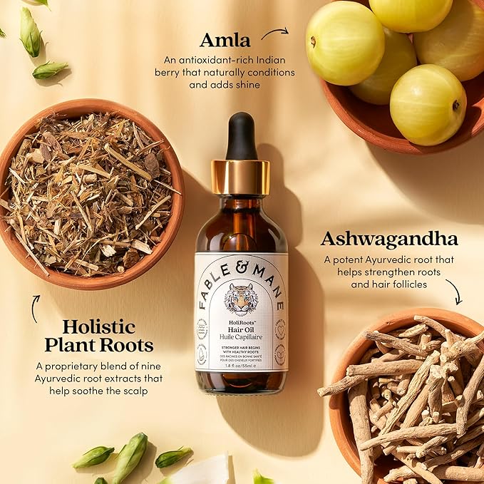 Fable and Mane Hair Oil - HoliRoots Strengthening Serum for Damaged, Frizzy Hair with Ashwagandha, Castor Oil & Scalp Treatment - 1.8FL oz | for Damaged, Frizzy Hair, with Ashwagandha, Scalp Treatment