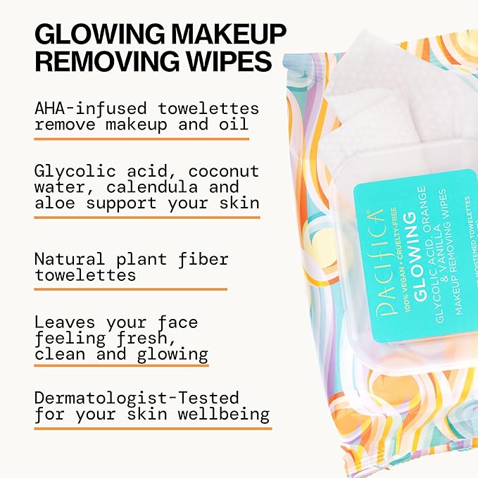 Pacifica Glowing Makeup Remover Wipes – With Glycolic Acid for AHA Exfoliating and Facial Cleansing – No Rinse Face Cleaning Towelettes – Dermatologist Tested, Vegan & Cruelty-Free – 30 Pack