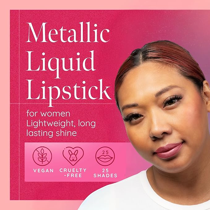 Aromi Dusty Rose Metallic Liquid Lipstick | Rosy Pink Chestnut Lip Color with Shimmery Finish, Vegan, Cruelty-free, Long-lasting, Waterproof (Alpine Bloom)