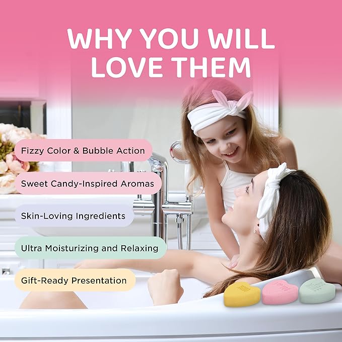 Heart Bath Bombs for Women, Girls, & Teens (3 Pack) - Relaxing Bubble Bath and Spa Essential - Ideal as Gift for Her or Mothers Day Gift - Moisturizing, Colorful & Scented, USA Made by Two Sisters
