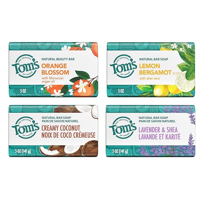 Tom’s of Maine Natural Bar Soap Variety Pack, Lavender & Shea, Creamy Coconut, Orange Blossom, Lemon Bergamot, Dermatologically Tested, Paraben Free, Vegan, 4 Count
